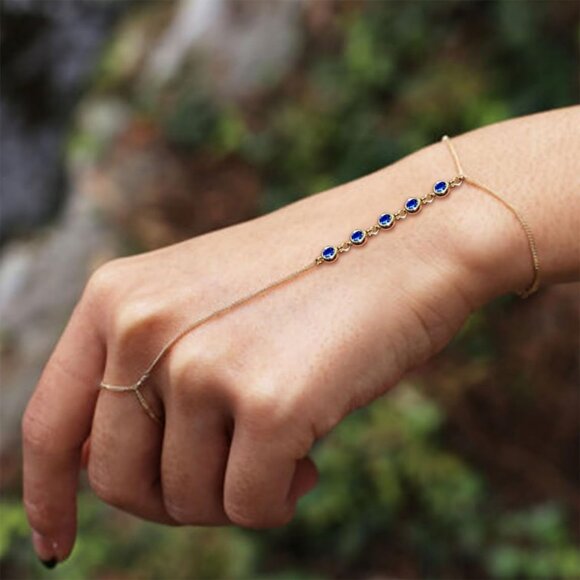 Hand Chain Bracelet Ring Bracelet Hand Chain Dainty Gold And Blue - Picture 7 of 7